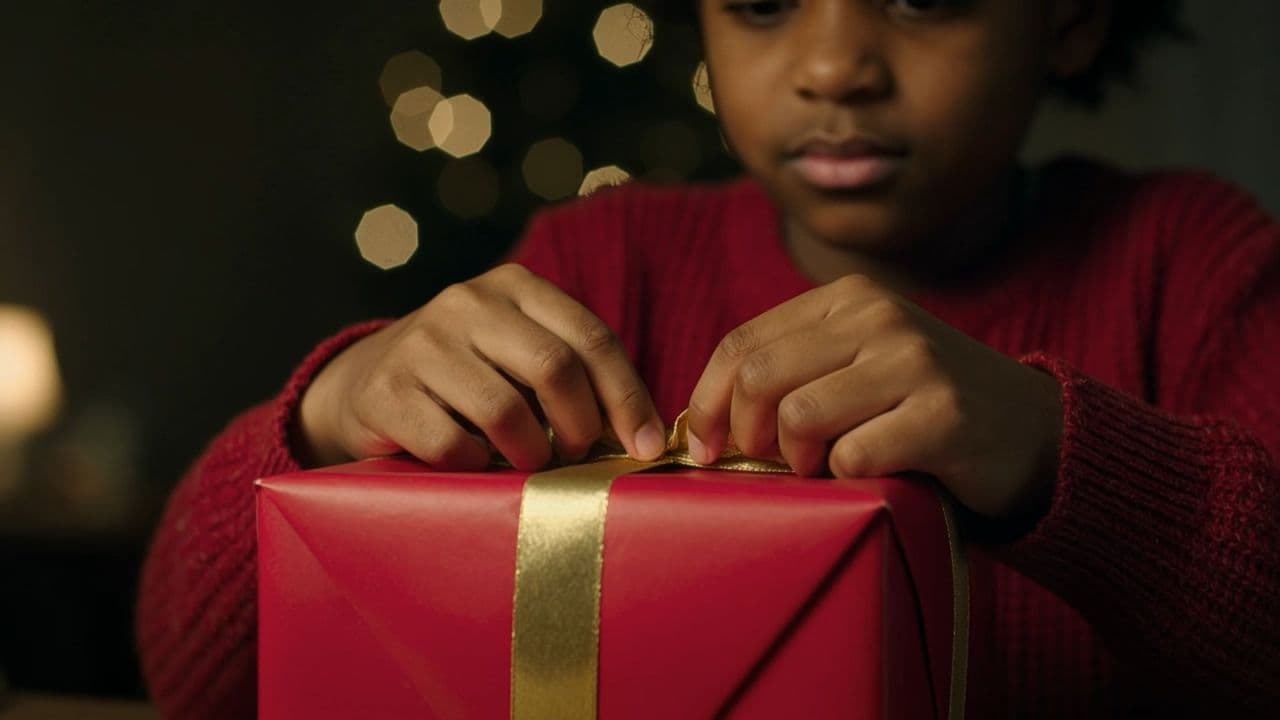 A child untying the gold ribbon on a Christmas gift