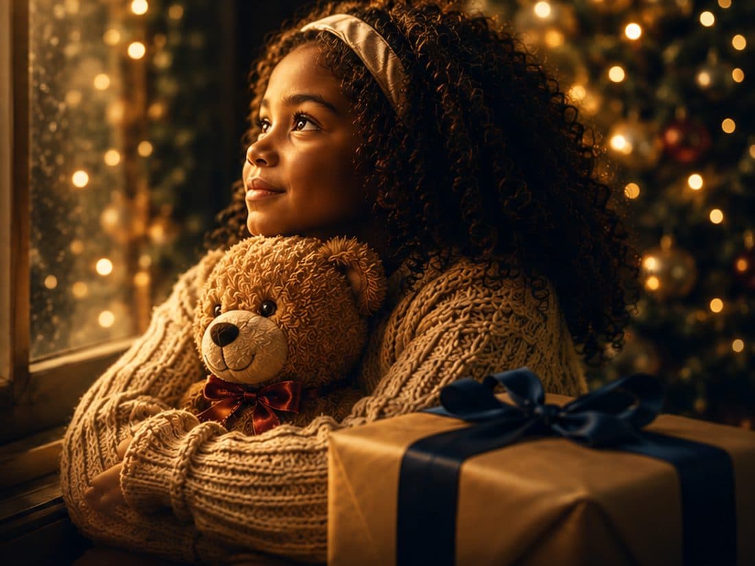 A child at a window at Christmastime, holding a teddy bear