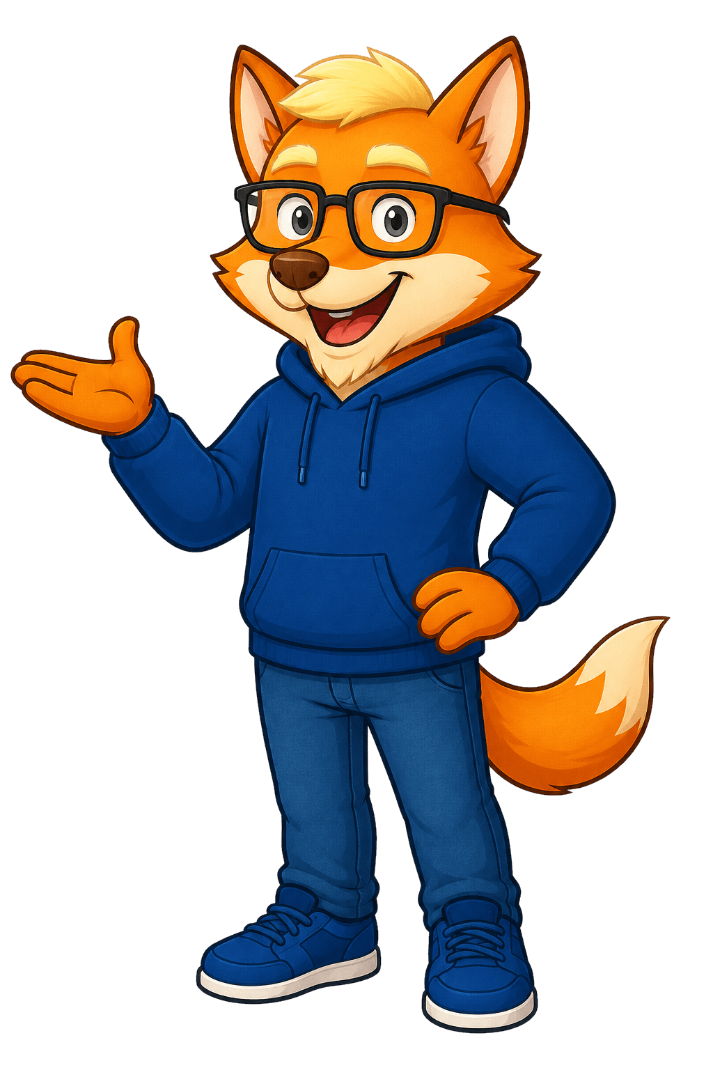 Pastor Fox, the iKIDZ World of Wonder mascot — a friendly fox in a blue hoodie and glasses, waving hello